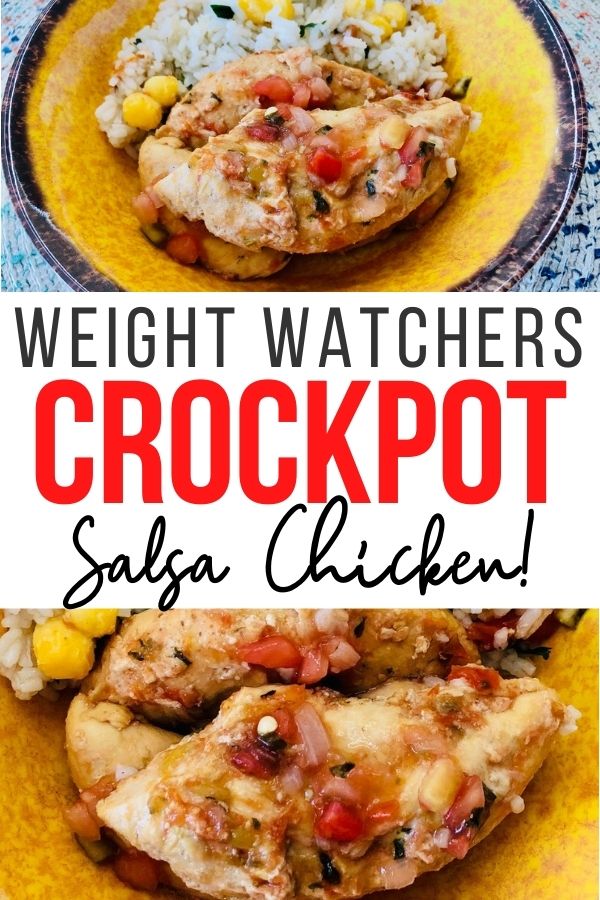 Finished weight watchers salsa chicken ready to eat with title across the middle. 