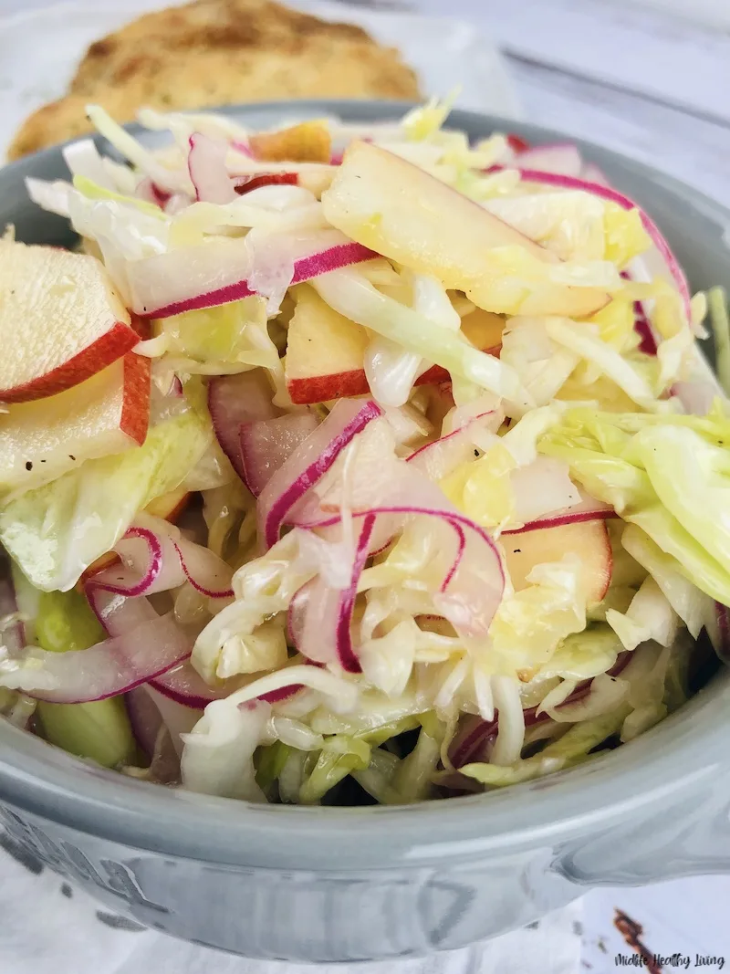 a look at the bowl of finished coleslaw ready to eat. 