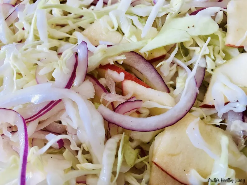 close up of the finished coleslaw ready to eat. 