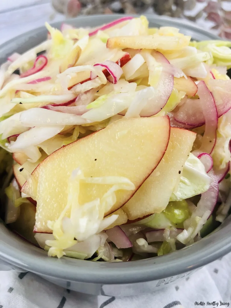 close up of the finished coleslaw ready to eat.
