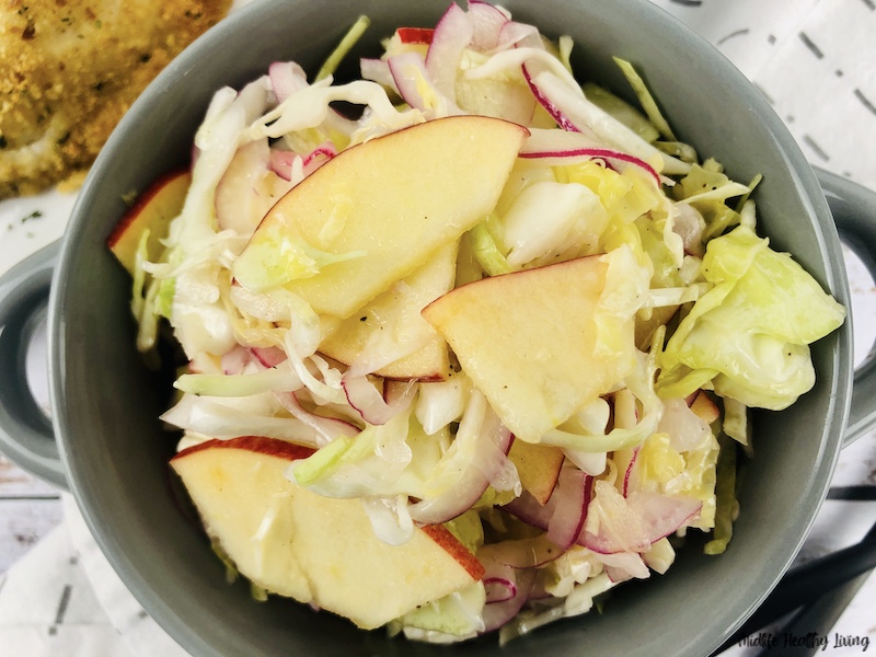 a top down look at the finished weight watchers coleslaw recipe no mayo ready to eat. 