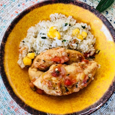 Featured image showing a finished weight watchers salsa chicken recipe with rice on a plate ready to eat.