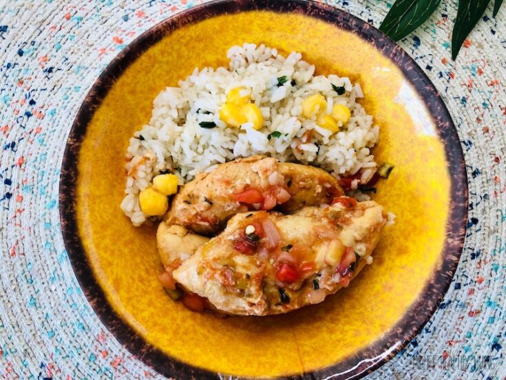 Featured image showing a finished weight watchers salsa chicken recipe with rice on a plate ready to eat.