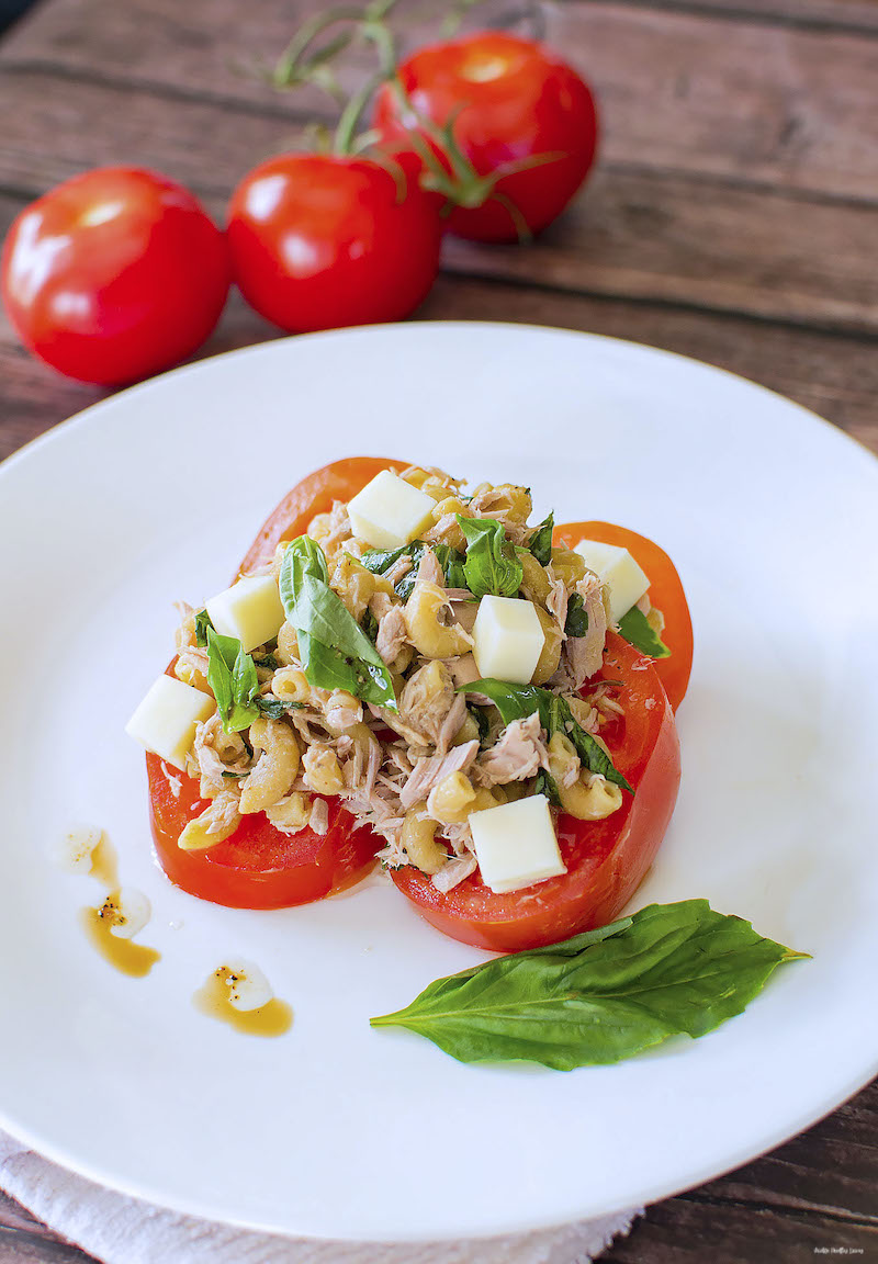 a plated finished tuna pasta salad recipe ready to enjoy. 