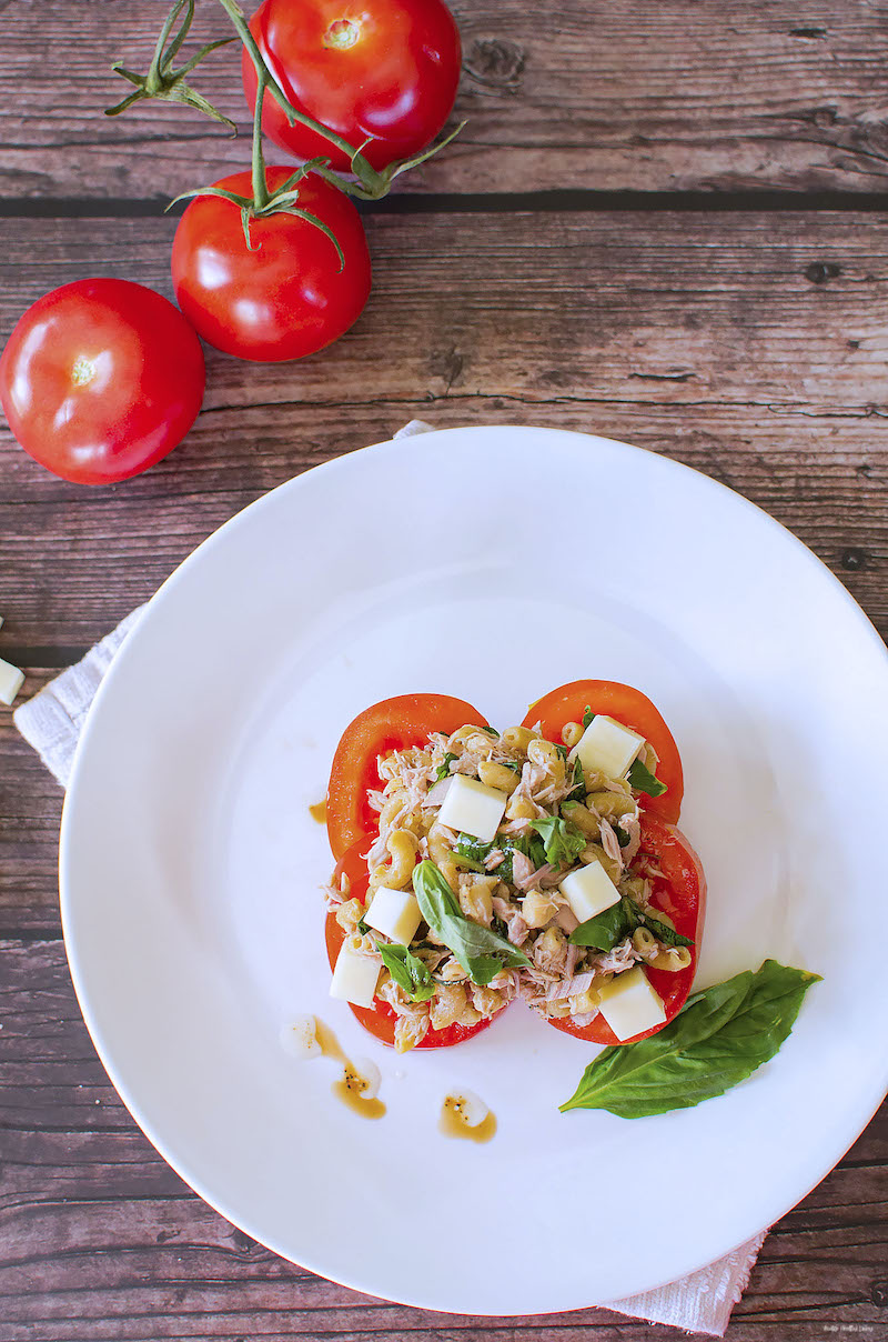 A top down look at the finished weight watchers tuna pasta salad ready to eat. 