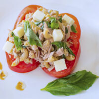 Close up featured image showing the finished weight watchers tuna pasta salad ready to eat on a plate.