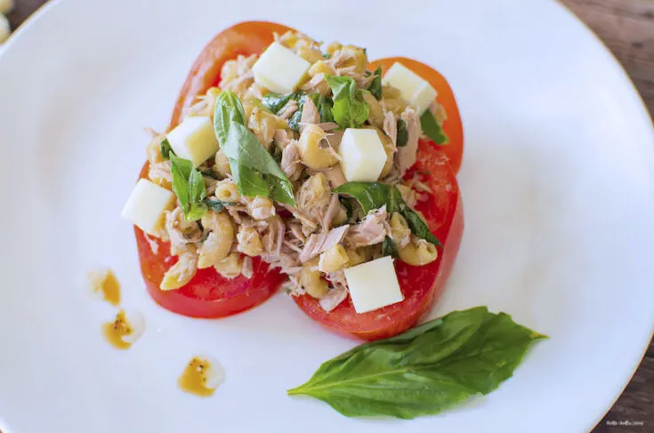 Close up featured image showing the finished weight watchers tuna pasta salad ready to eat on a plate.