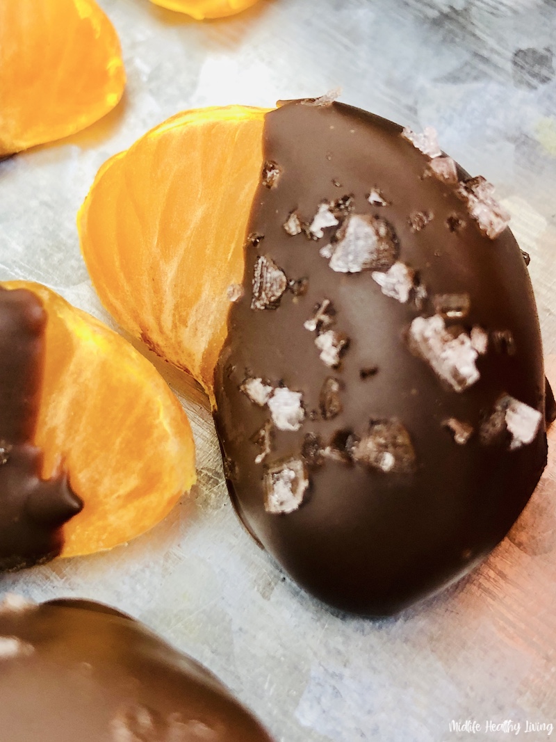 closeup view of the finished chocolate covered oranges ready to eat