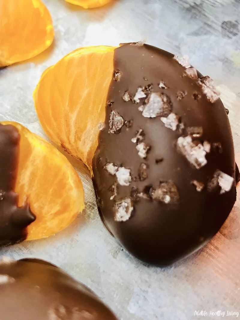 closeup view of the finished chocolate covered oranges ready to eat