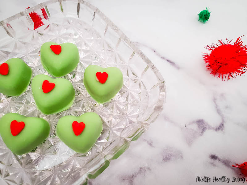 a close up look at the finished grinch almond butter candy