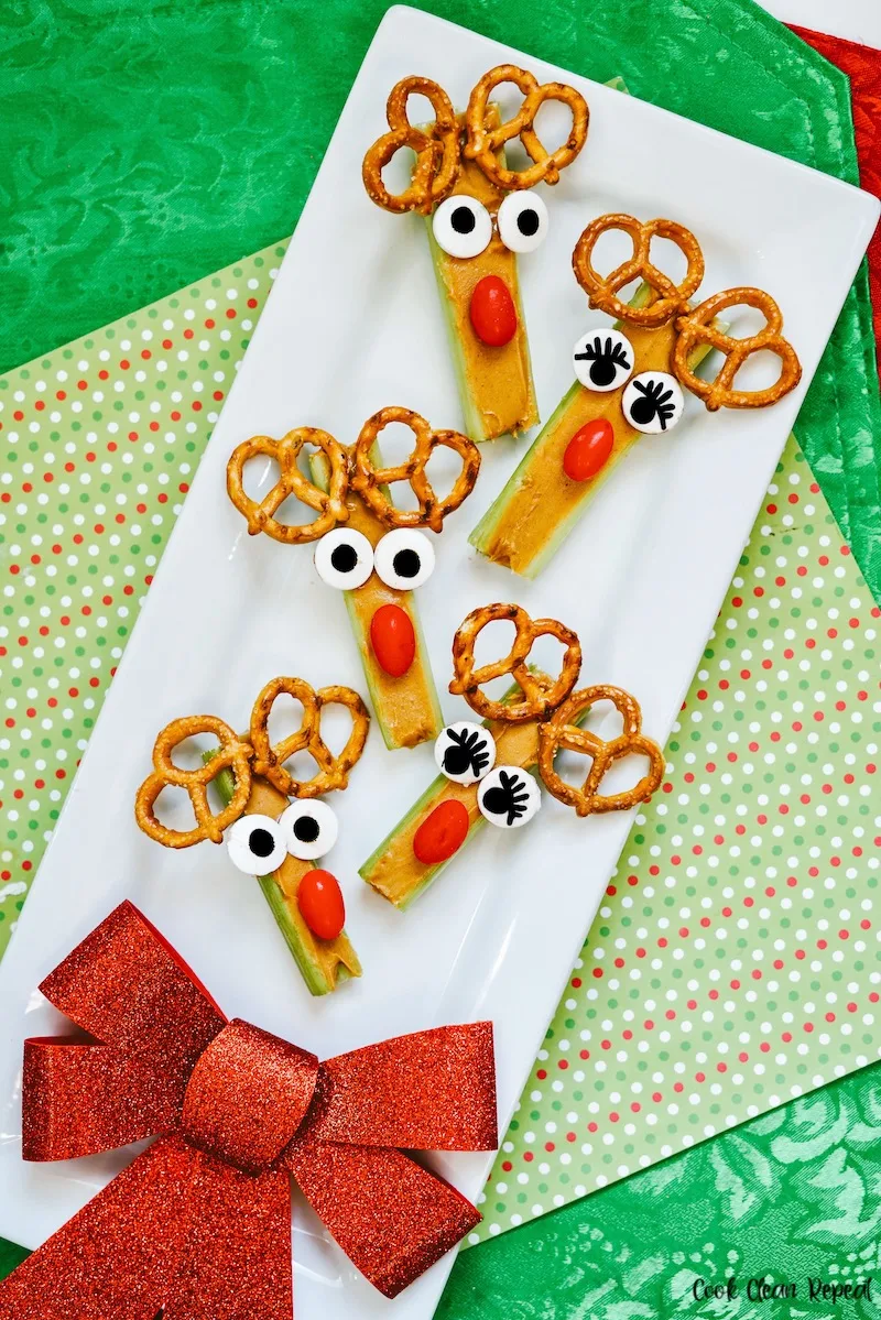a look at the finished Rudolph holiday appetizer recipe ready to eat