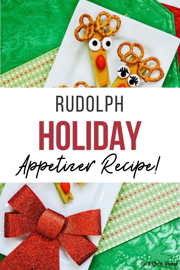 pin showing the finished Rudolph holiday appetizer recipe ready to eat