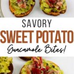 pin showing the finished savory sweet potato bites ready to eat with title across the middle.