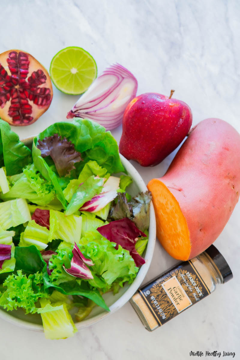 ingredients for the sweet potato salad laid out before we begin