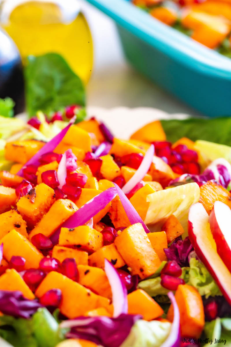 close up view of the finished sweet potato salad ready to eat. 