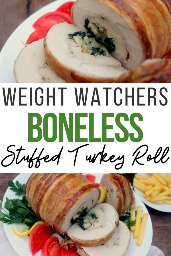 pin showing the finished boneless stuffed turkey ready to eat with title across the middle. 