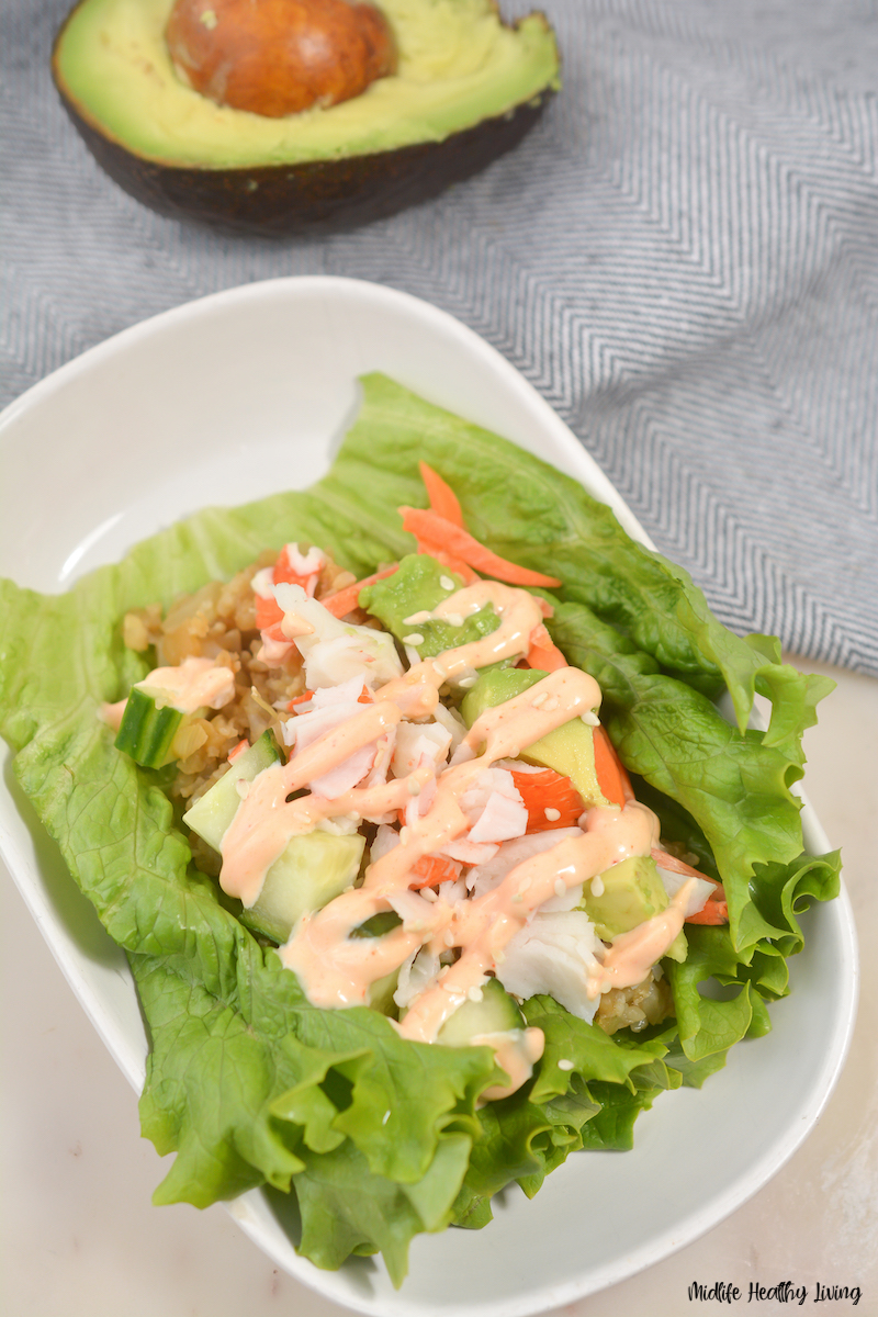 top down look at the finished California roll salad ready to eat. 