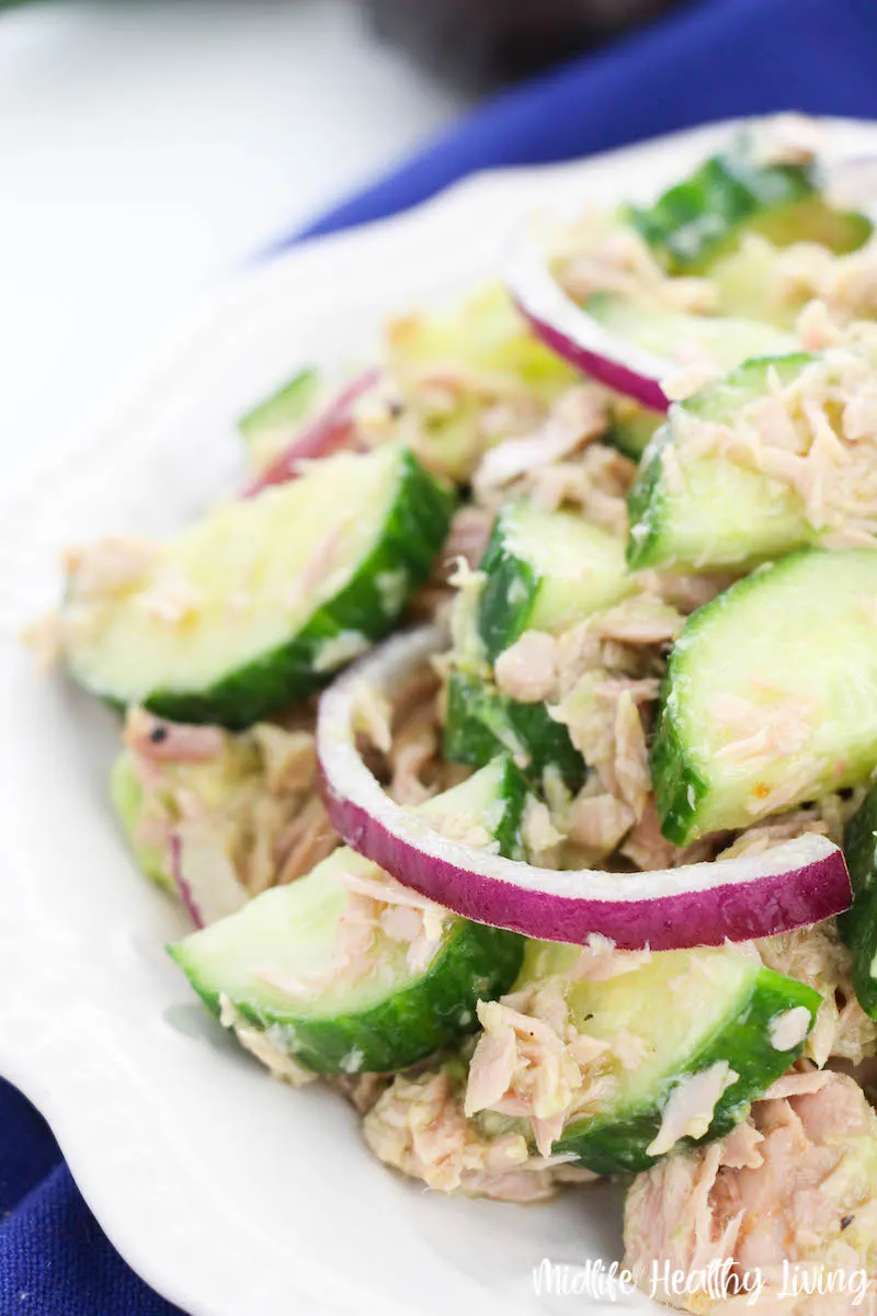 side view of the weight watchers tuna salad on a plate ready to eat. 