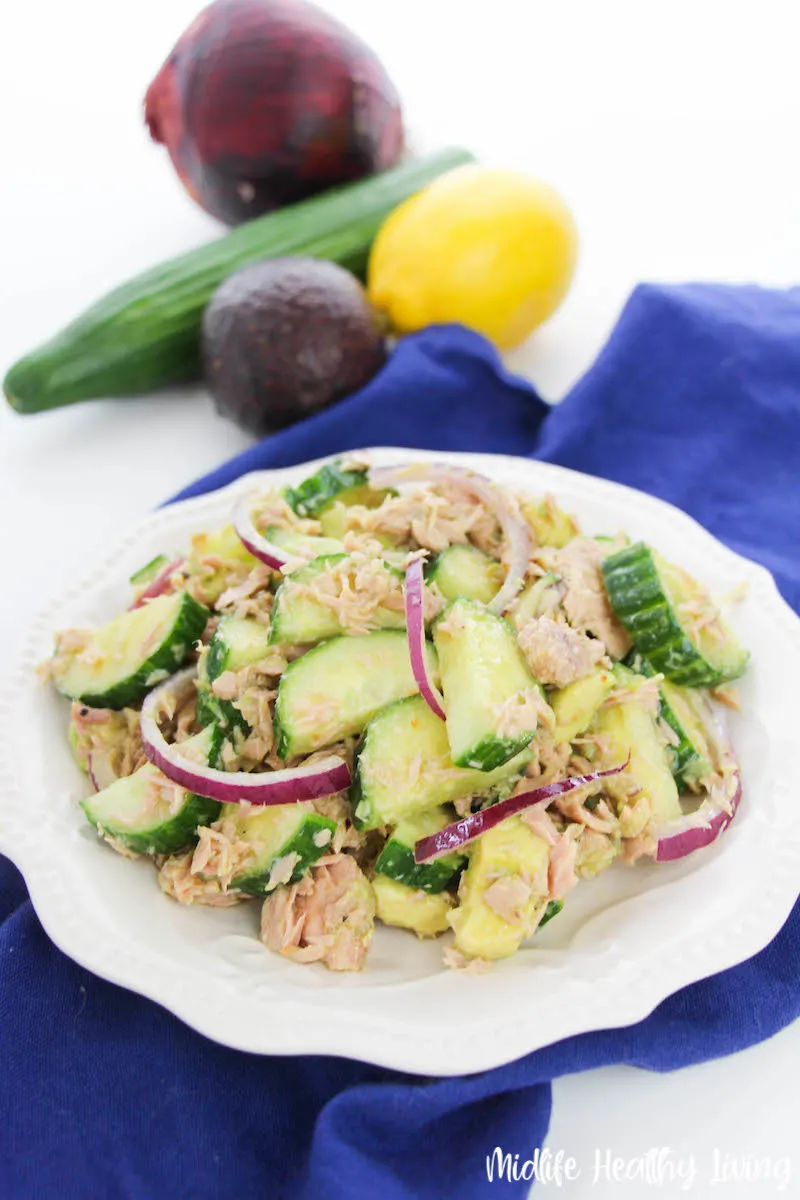 close up showing the finished healthy tuna salad on a plate.