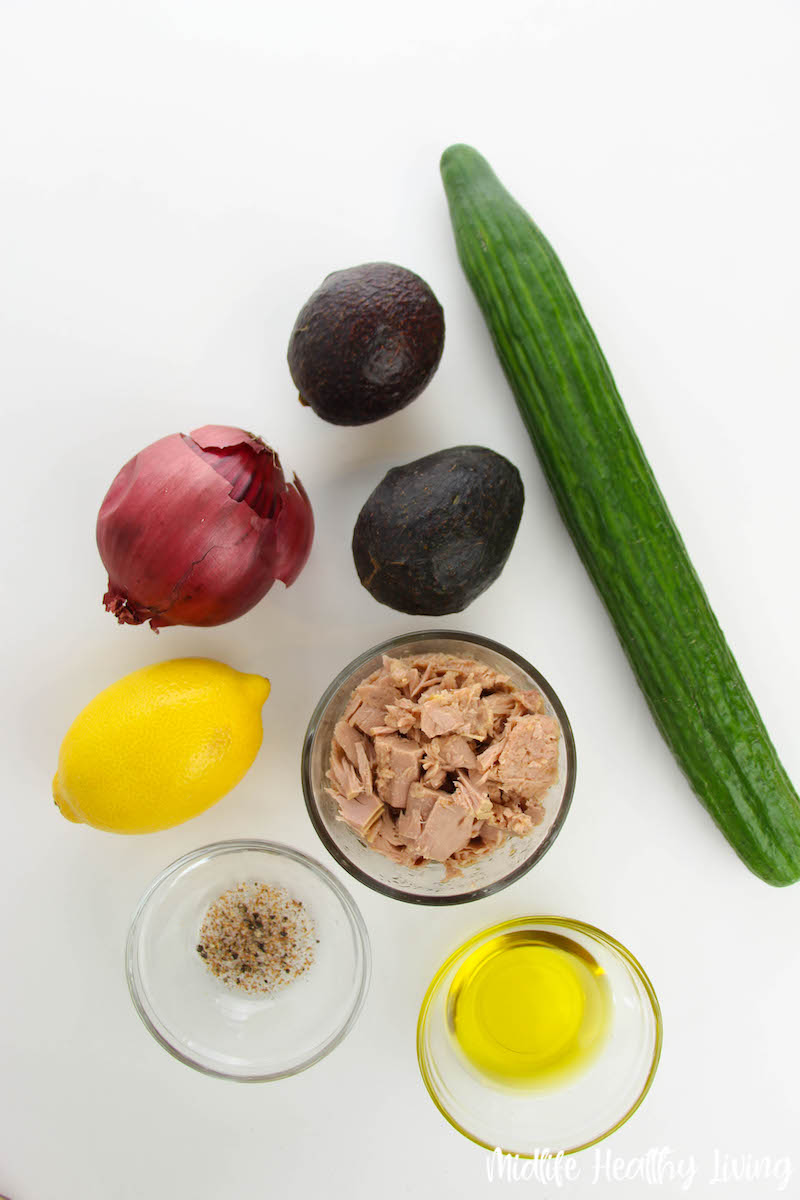 ingredients needed to make healthy tuna salad. 