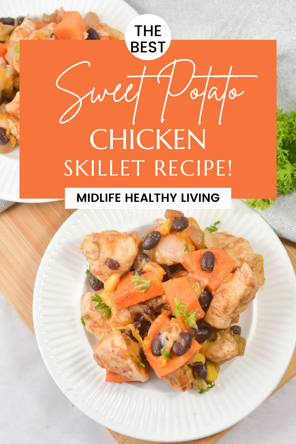 Pin showing the sweet potato chicken skillet ready to eat
