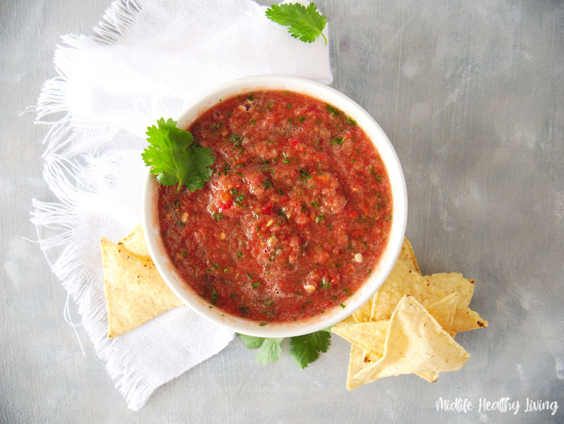 top down look at the finished healthy salsa recipe ready to eat. 
