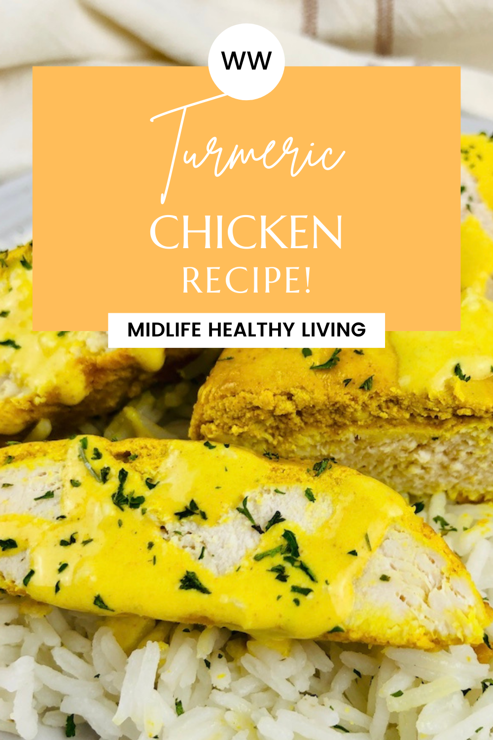 pin showing the finished weight watchers turmeric chicken with title in text box at the top.
