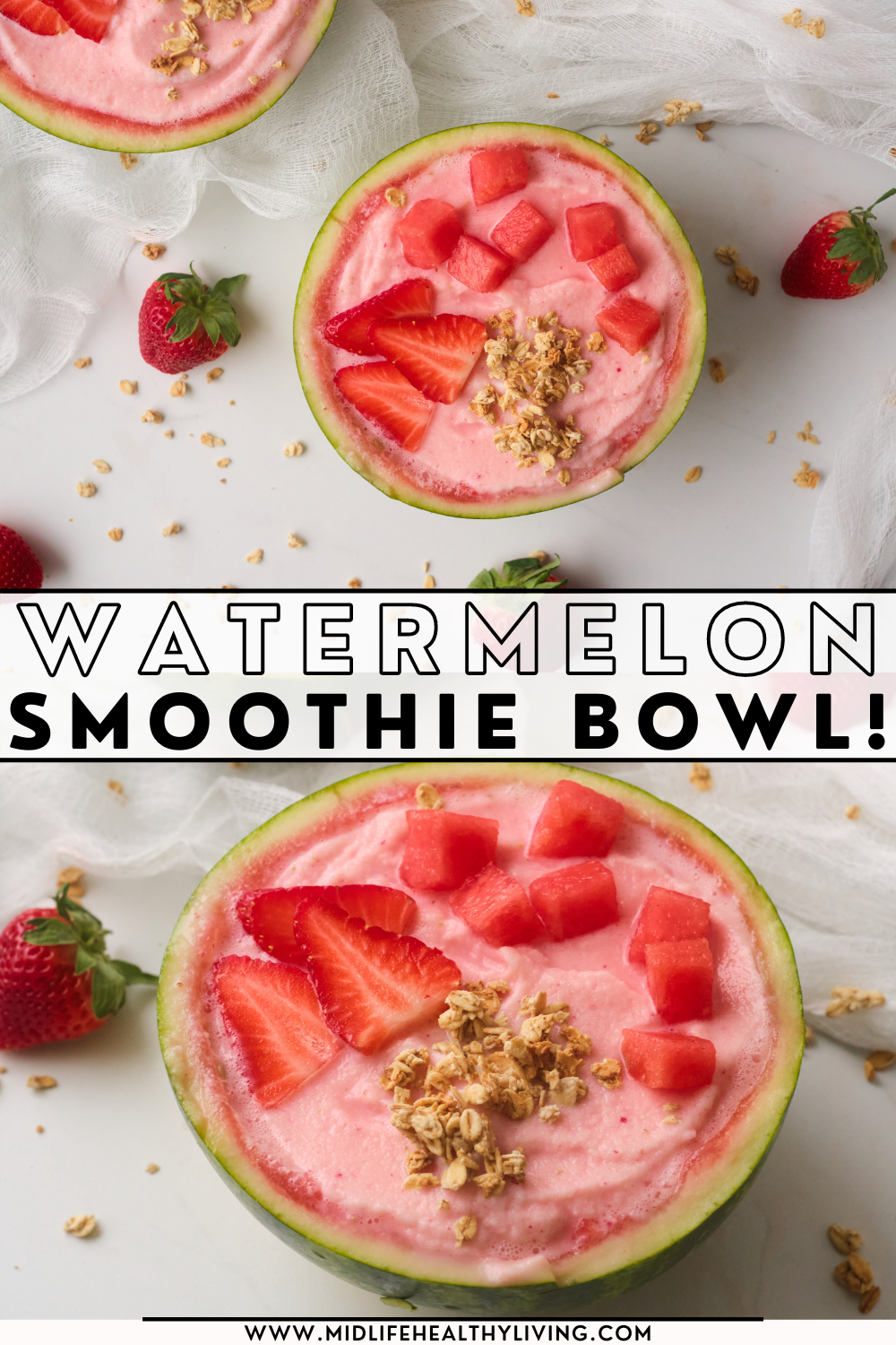 pin showing the finished watermelon smoothie bowl ready to eat