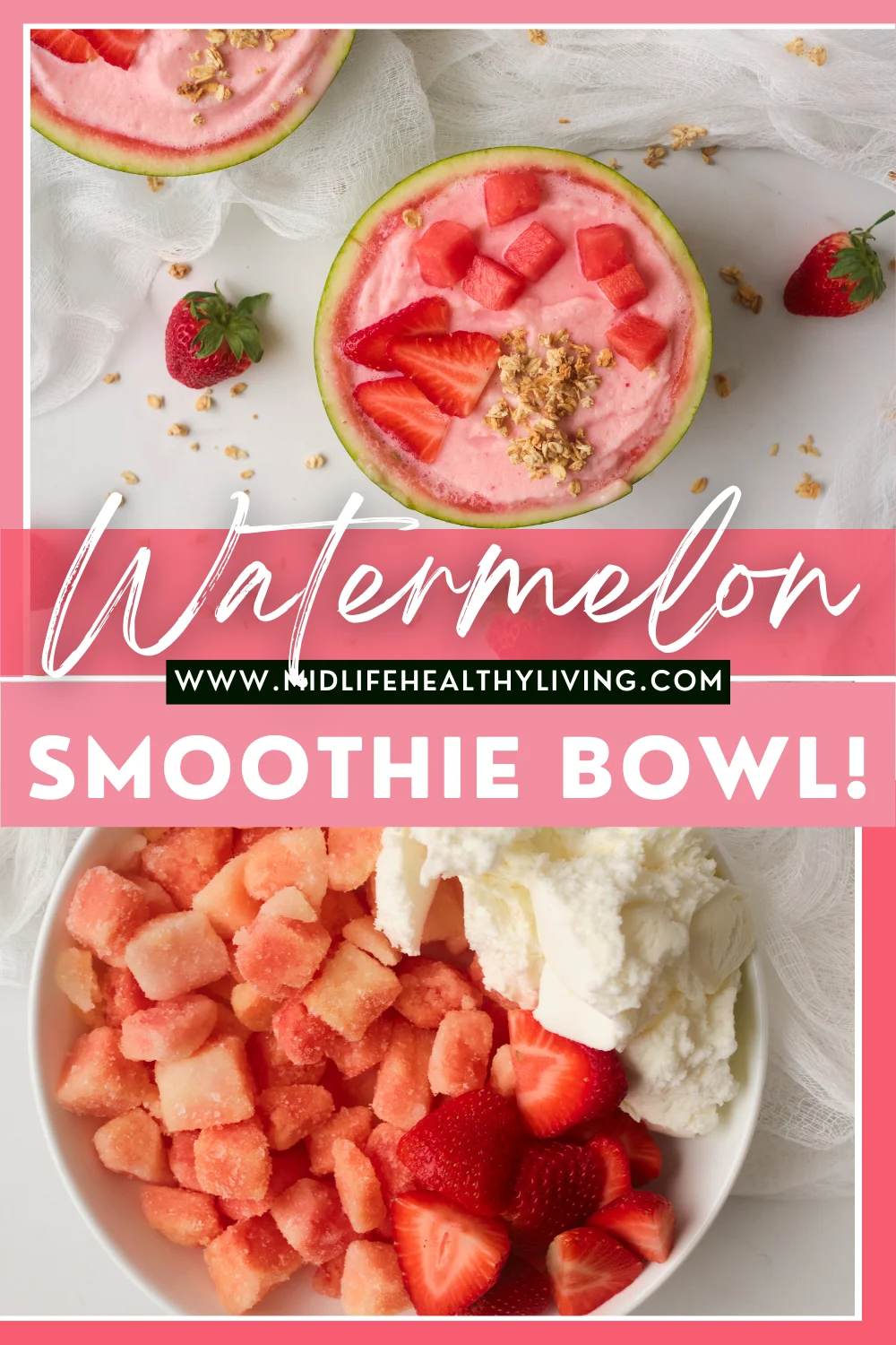 pin showing watermelon smoothie bowl ready to eat.