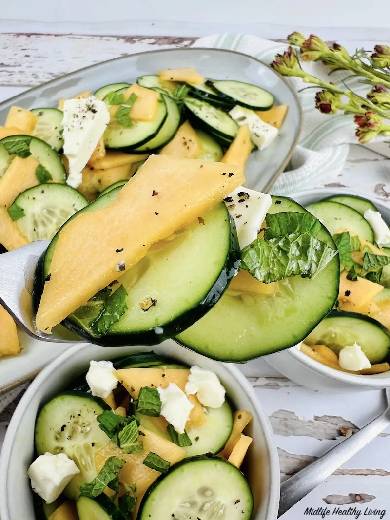 close up view of the finished cantaloupe salad