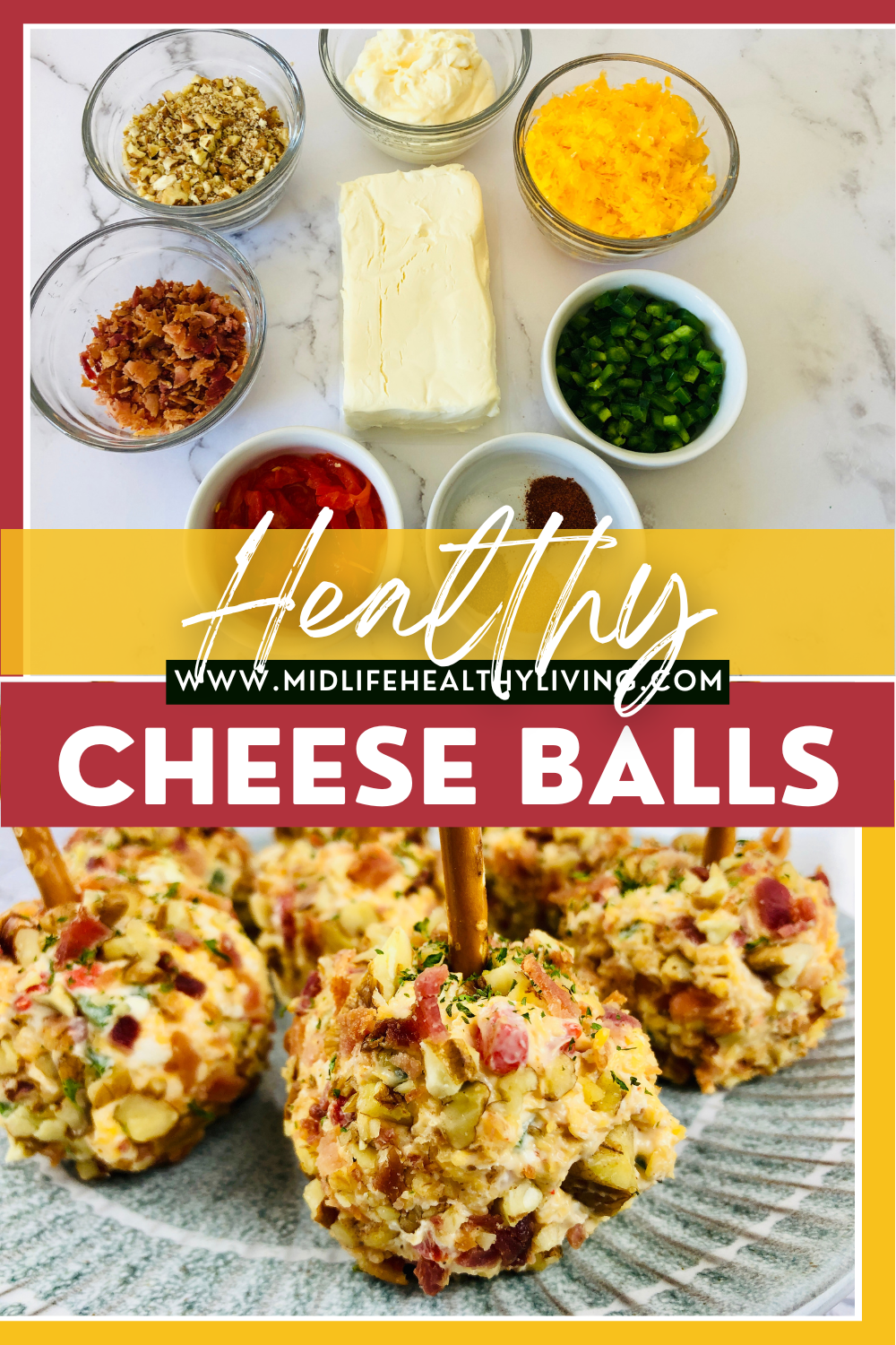 Pin showing finished healthy cheese ball recipe 