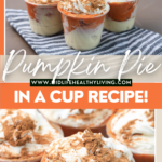 pin showing the finished pumpkin pie in a cup recipe with title across the middle.