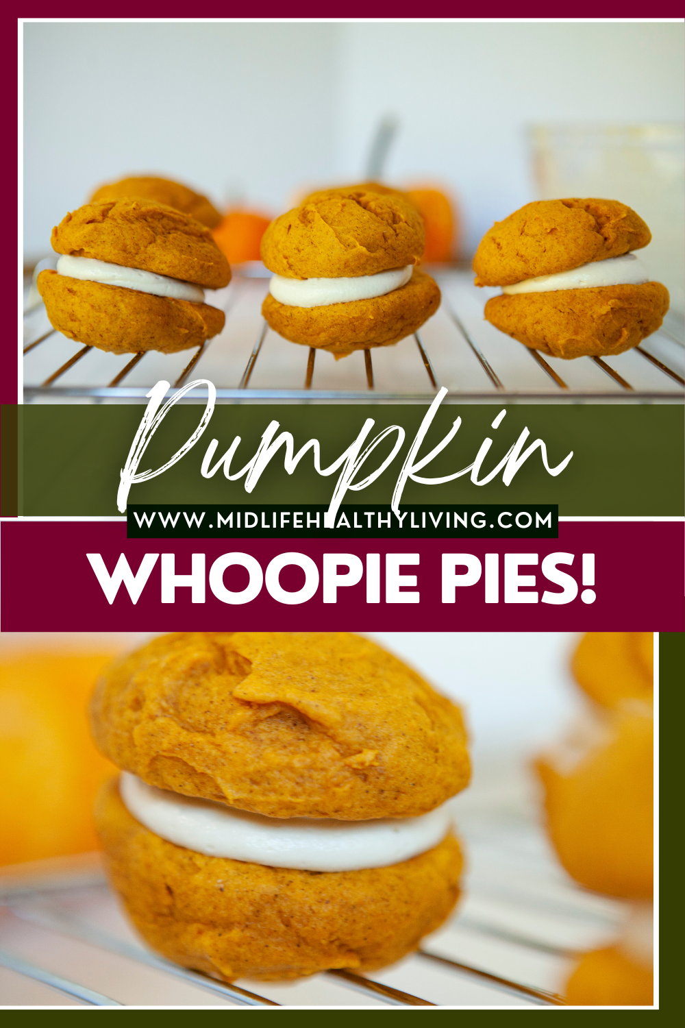 pin showing finished whoopie pie recipe ready to eat. with title across the middle. 
