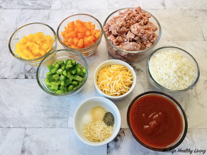 Ingredients for ground turkey unstuffed peppers ready to start cooking. 