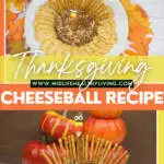 pin showing the finished thanksgiving cheeseball ready to eat with title across the middle.