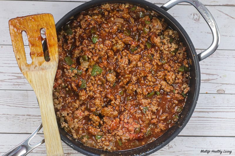 Finished skillet full of the ground turkey sloppy joes