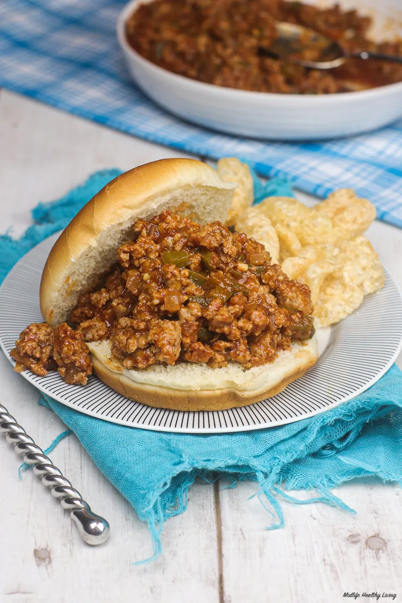 A close up of the finished sloppy Joe recipe made with ground turkey on a plate ready to eat. 