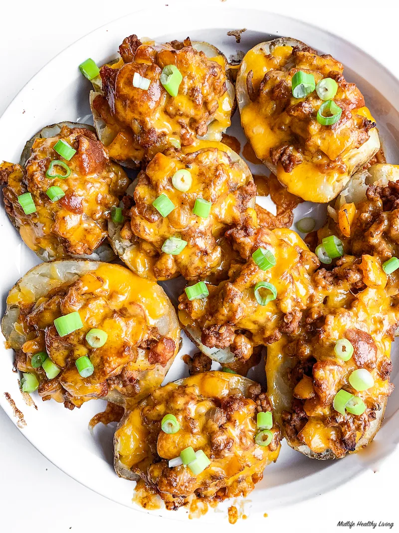 Loaded potato skins ready to serve made with ground turkey. 