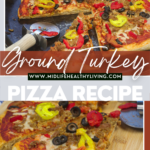 Pin showing the finished ground turkey pizza with title across the middle.