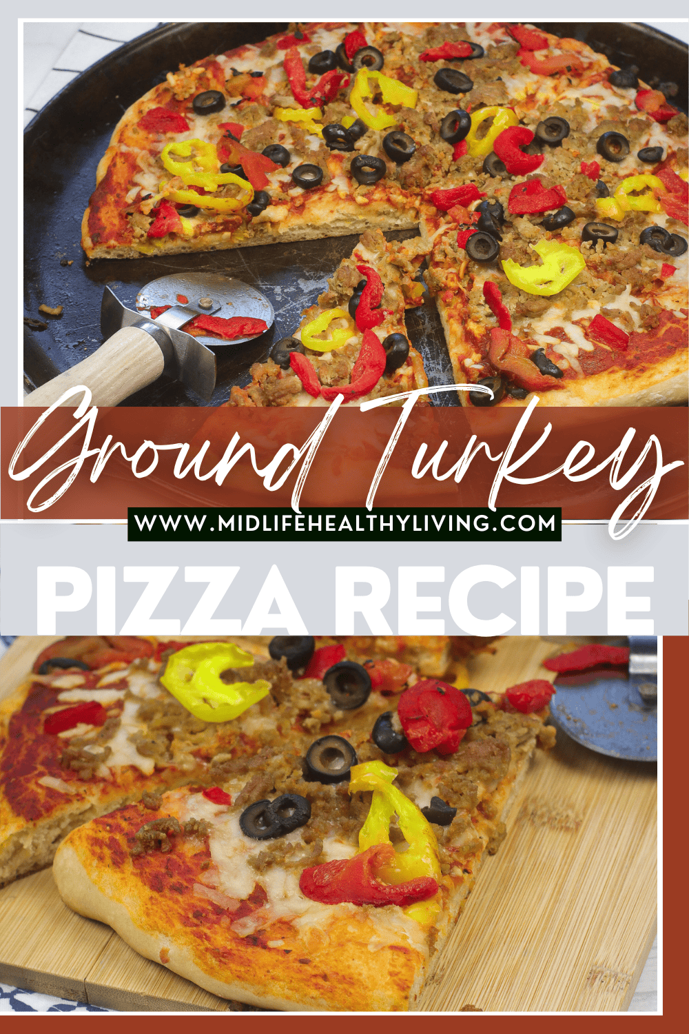 Pin showing the finished ground turkey pizza with title across the middle.