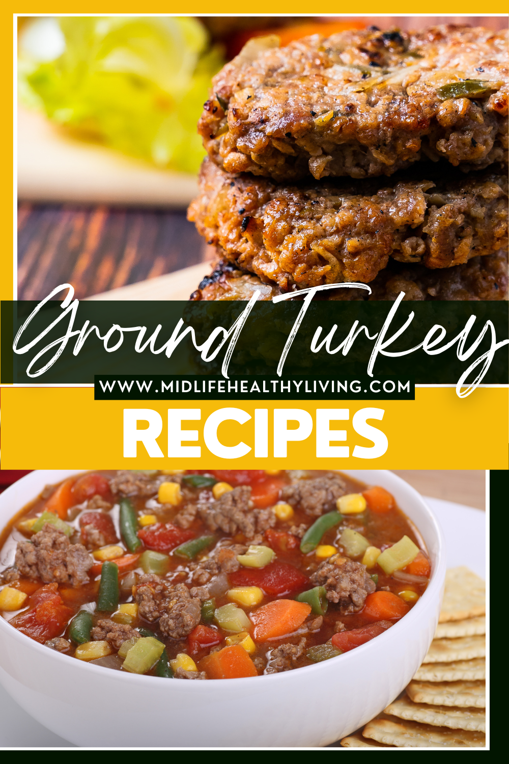 a pin showing the finished ground turkey recipes ready to eat with title across the middle. 