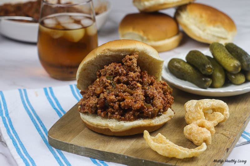 A close up view of the finished ground turkey sloppy joes ready to eat. 