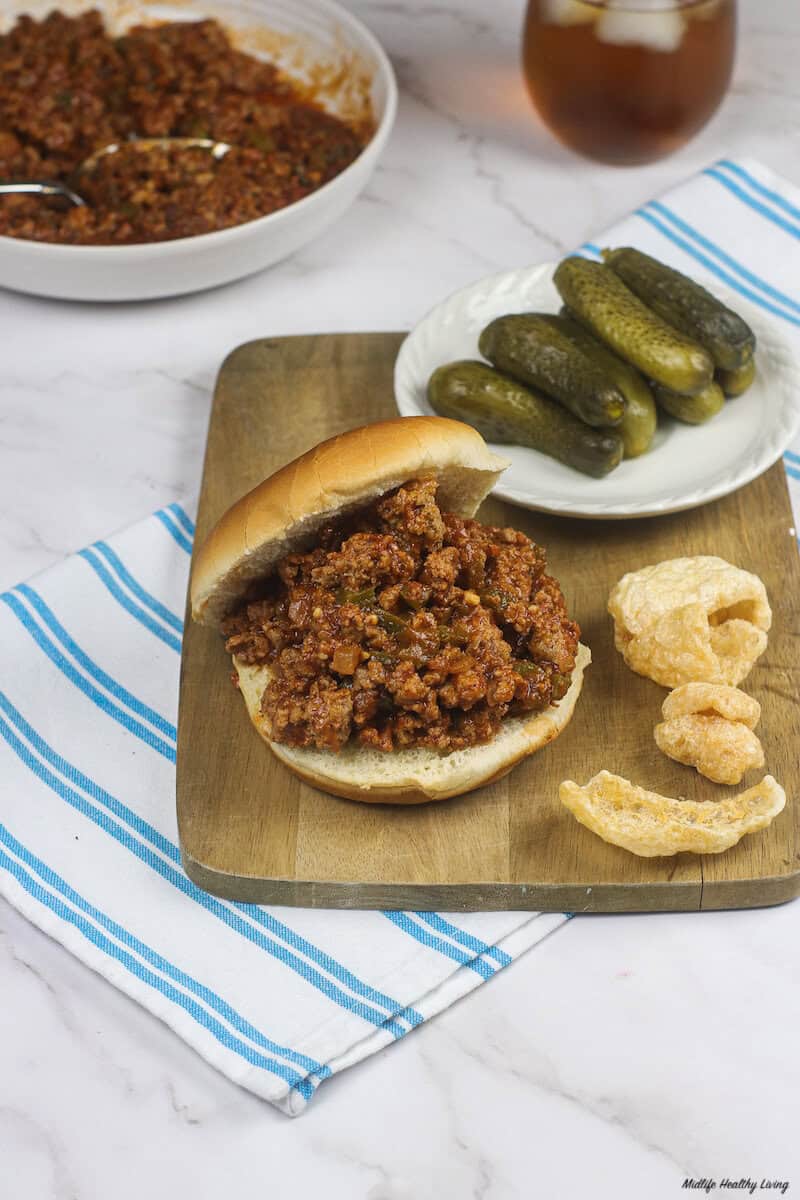 Finished sloppy Joe with ground turkey on a bun ready to eat