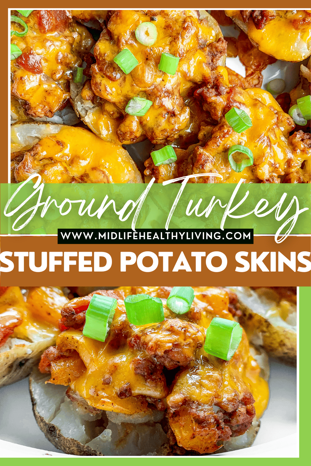 Pin showing the finished ground turkey stuffed potato skins ready to serve