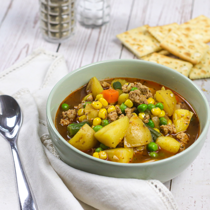 featured image showing the finished ground turkey vegetable soup ready to eat.