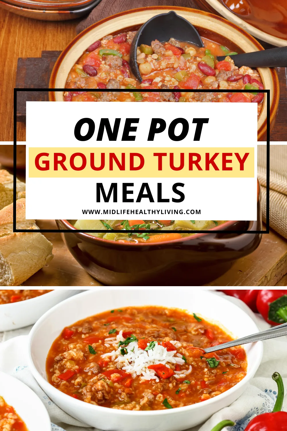 featured image of ground turkey recipes that you can make in just one pot. Pot of chili with black ladle and white bowl of stuffed pepper soup