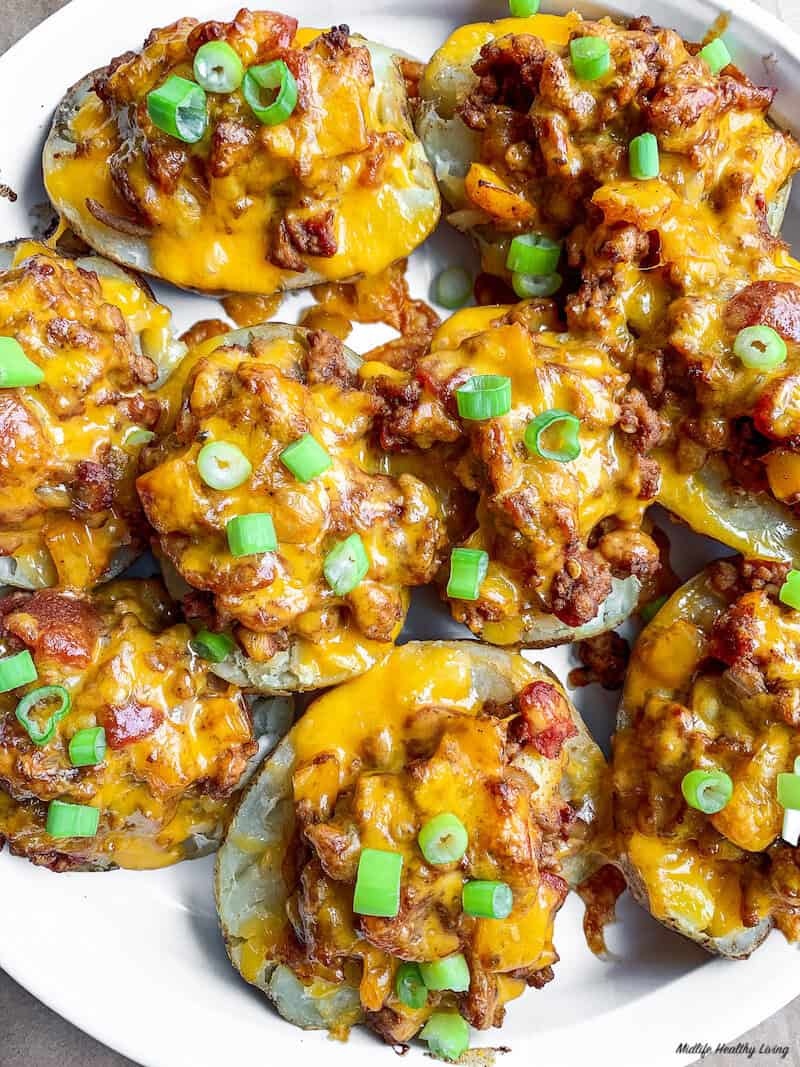 finished ground turkey stuffed potato skins ready to serve. 