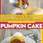 pin showing the finished weight watchers pumpkin cake with title across the middle.