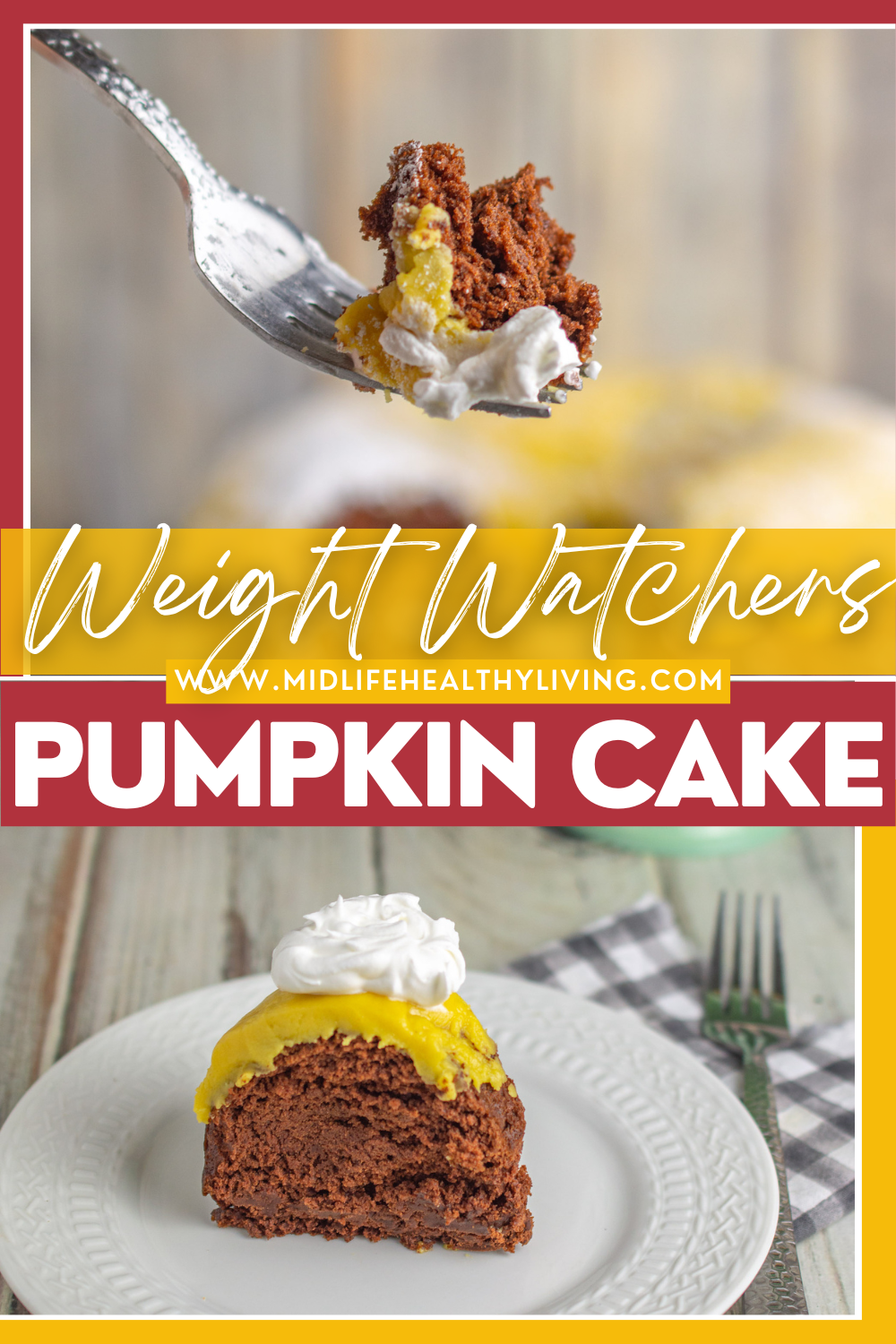 pin showing the finished weight watchers pumpkin cake with title across the middle. 