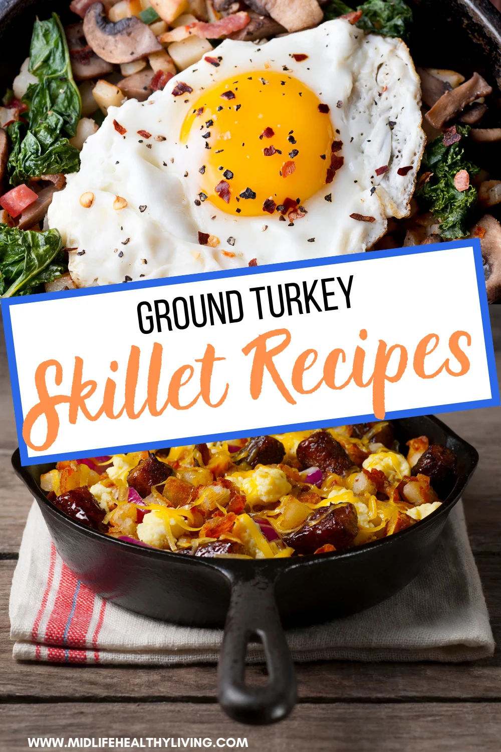 Cast iron skillet featuring ground turkey skillet hash with egg on top for featured pin image
